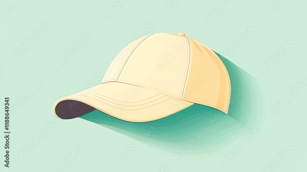 Fototapeta premium A clean vector illustration of a baseball cap, perfectly centered on a pastel mint green background. The cap is a solid pastel yellow with no patterns or additional elements. The curved visor and crow