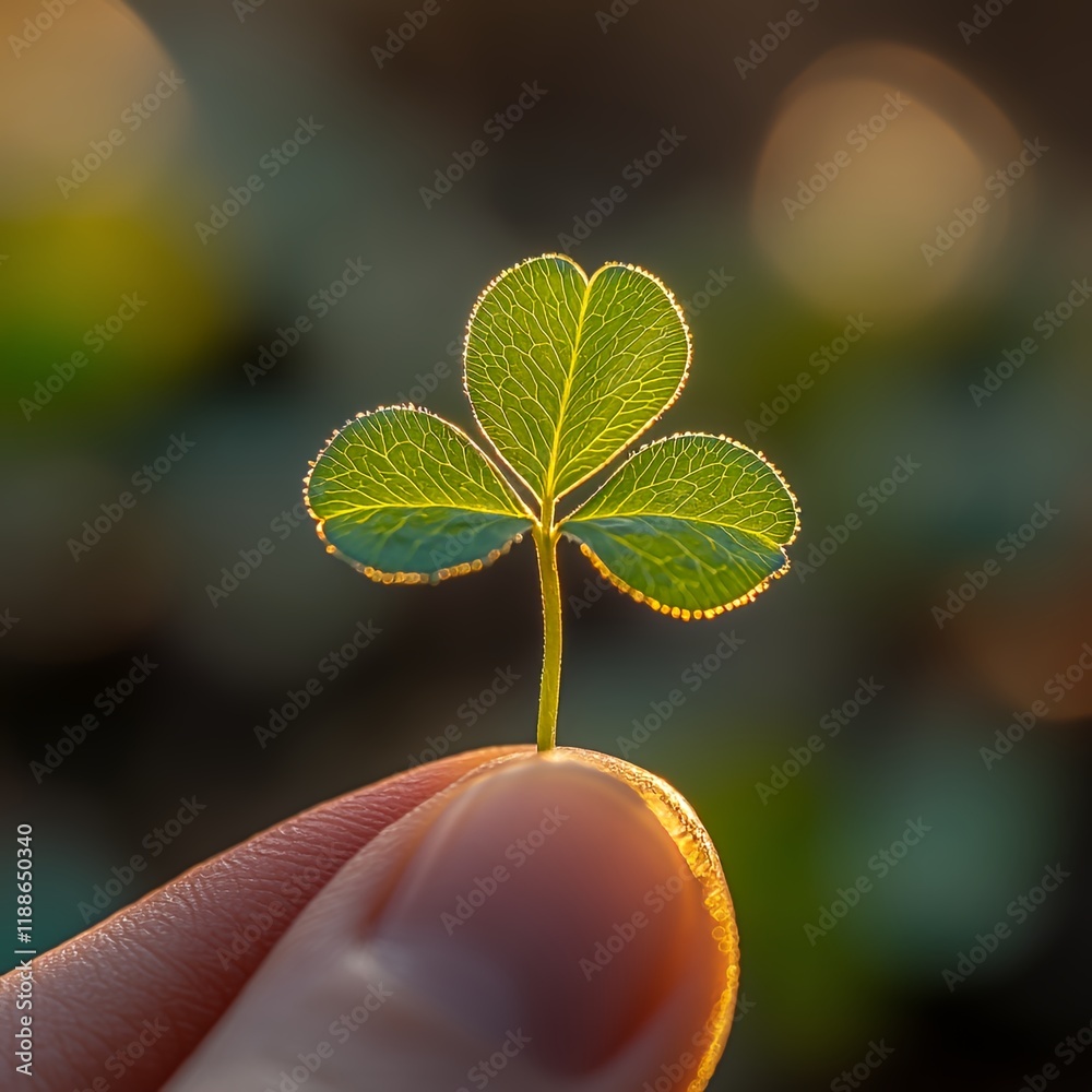 Sunlit Green Clover Leaf Held Between Fingers in Natural Setting at Golden Hour Sunlit Green Clover Leaf Held Between Fingers in Natural Setting at Golden Hour