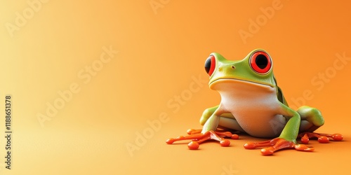 Adorable Red-Eyed Tree Frog Posing on Orange Background: A 3D Rendered Amphibian photo