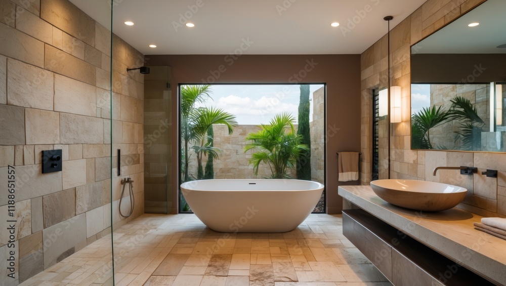 Fototapeta premium Elegant contemporary bathroom with freestanding bathtub and travertine tiling