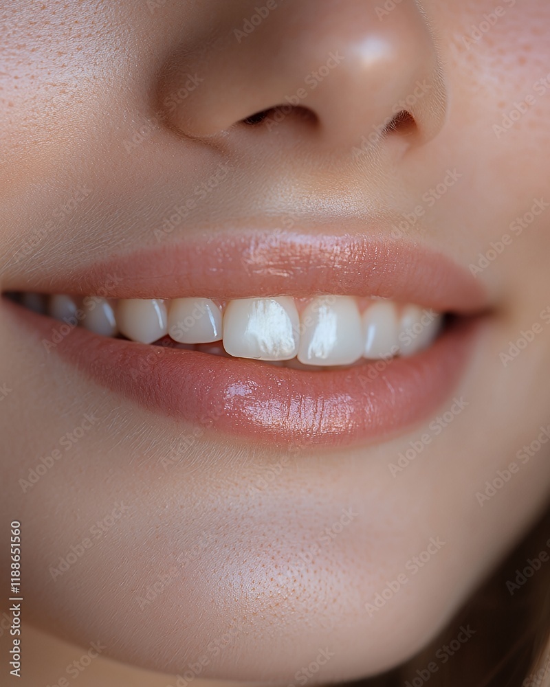 Obraz premium Close-up of a Smiling Young Woman With Healthy Teeth, Natural Makeup, and a Warm Expression Captured in Soft Light