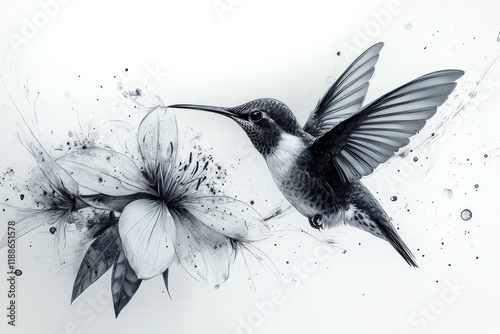 Detailed monochrome drawing of a hummingbird in flight near a blooming flower with ink splatter effects