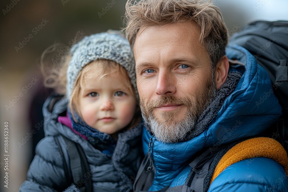 Father and Child Enjoying Time Outdoors in Winter, Both Wearing Warm Jackets and Smiling With Nature in the Background Father and Child Enjoying Time Outdoors in Winter, Both Wearing Warm Jackets and Smiling With Nature in the Background