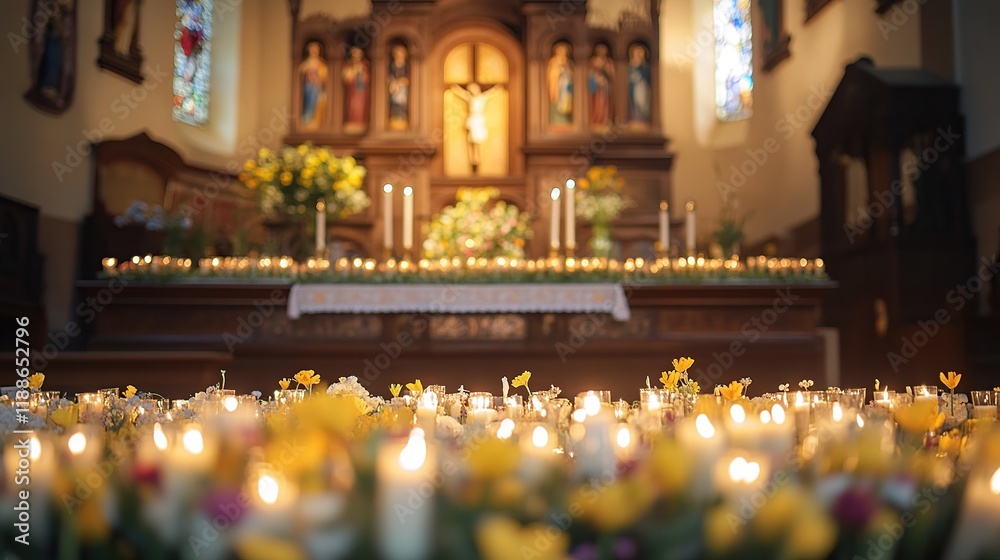 Fototapeta premium Lit candles and flowers adorn an altar in a church.