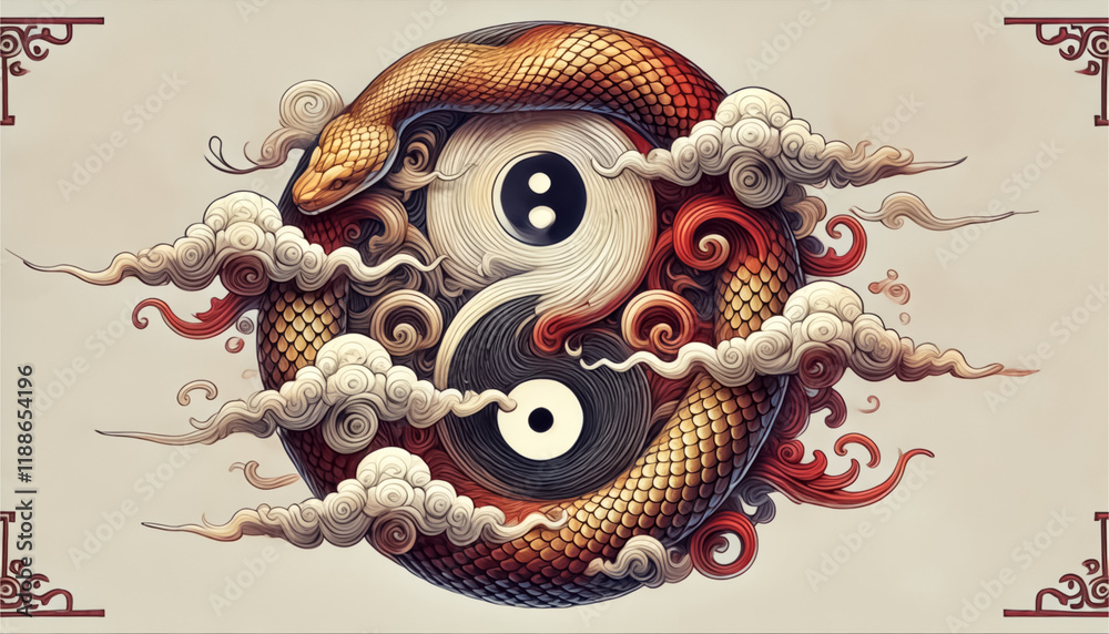 Obraz premium A coiled snake and swirling clouds forming a yin-yang symbol.