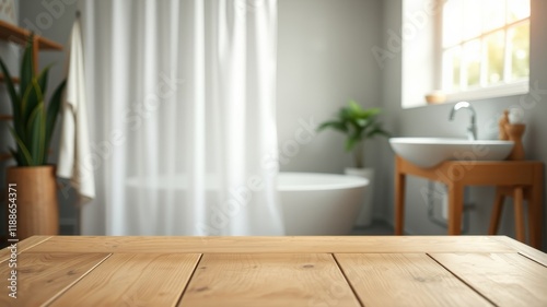 Empty wooden table in a bright, modern bathroom with a shower curtain and bathtub in the background