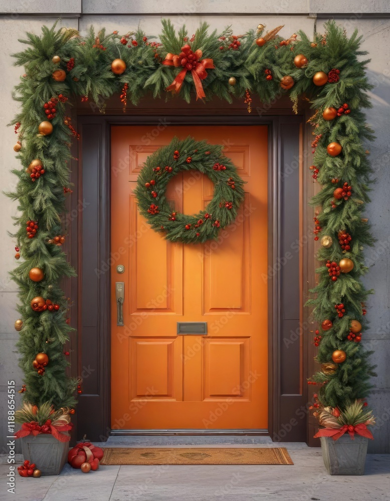 A bright orange door adorned with a beautiful Christmas wreath made of twisted fir branches, adorned with shiny red berries and golden ornaments , winter, yellow, christmas A bright orange door adorned with a beautiful Christmas wreath made of twisted fir branches, adorned with shiny red berries and golden ornaments , winter, yellow, christmas