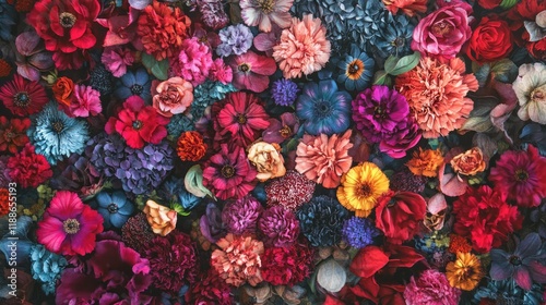 "Stunning Wedding Flower Wall with a Vibrant Mix of Red, Orange, Pink, Purple, Green, and White Blossoms – Handcrafted Floral Background Decoration"