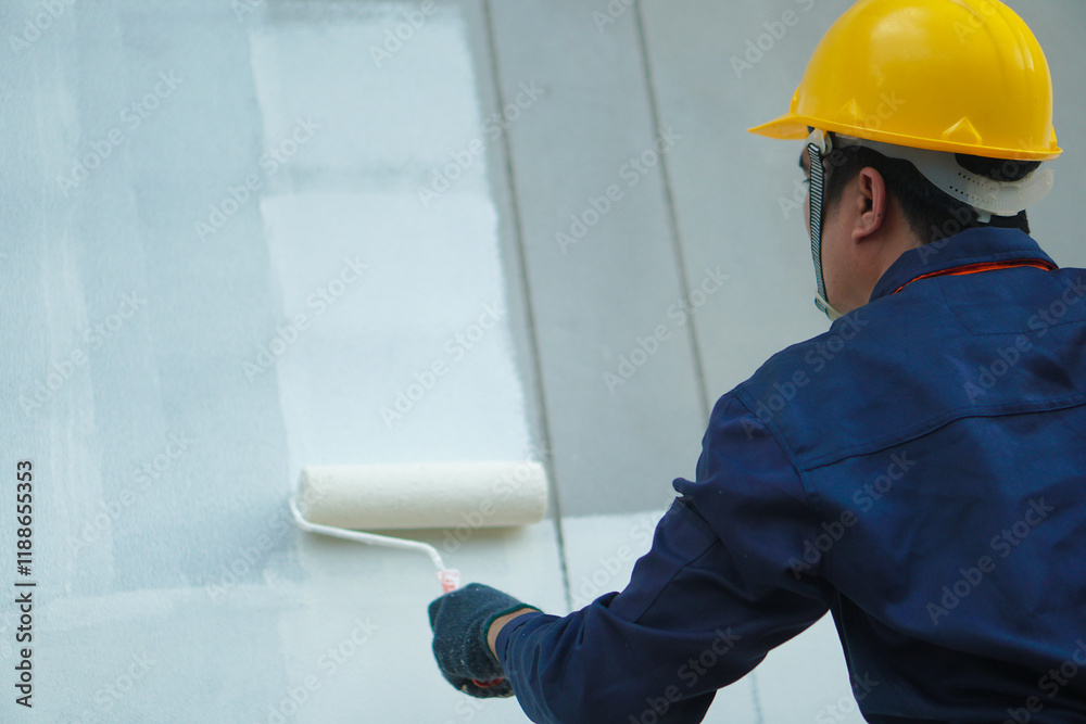 Asian construction worker painting the walls of a house outdoors Asian construction worker painting the walls of a house outdoors