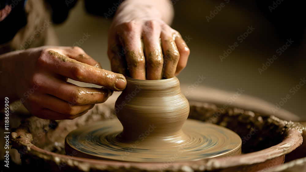 Close Up of Hands Sculpting Clay on Pottery Wheel Highlighting Traditional Craftsmanship Concept Close Up of Hands Sculpting Clay on Pottery Wheel Highlighting Traditional Craftsmanship Concept