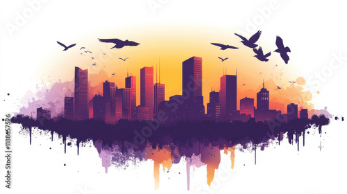 A dynamic depiction of an urban skyline at sunset, skyscrapers glowing in orange and purple hues, silhouettes of birds flying in a painterly style. Subject isolated on a clean white background photo