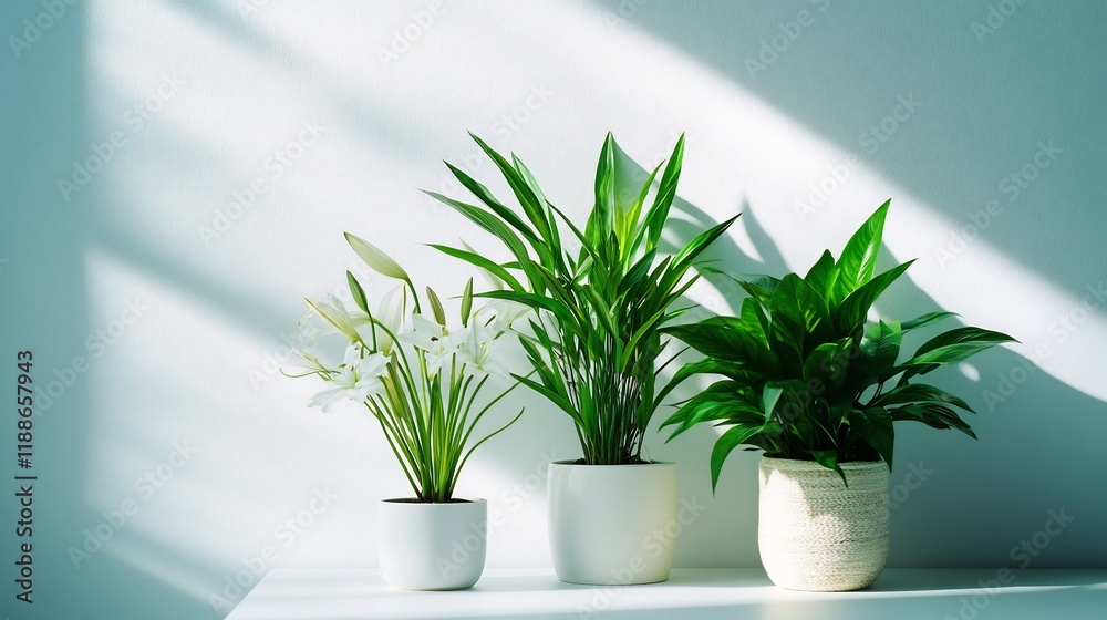 Fototapeta premium Three Potted Plants in Sunlight: Lilies and Tropical Greenery