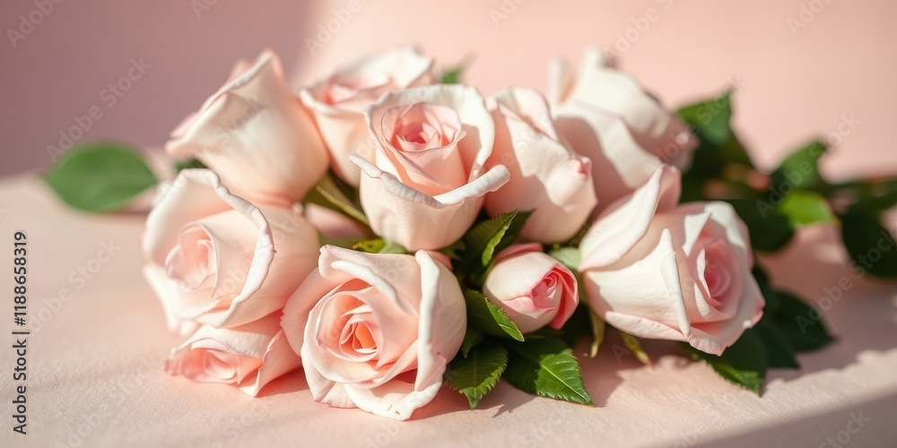 Obraz premium A delicate bouquet of blush pink roses, softly illuminated, rests on a pale pink surface
