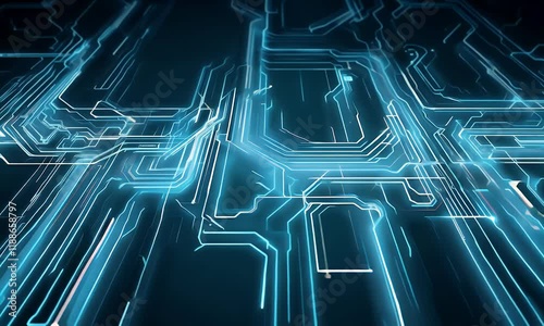 A futuristic digital circuit board glowing with blue light, representing advanced technology, data flow, and interconnected systems in cyberspace.