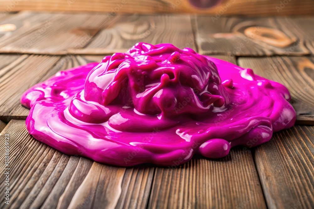 A cluster of magenta slime on a wooden table, colorful substance, laboratory, biology, closeup A cluster of magenta slime on a wooden table, colorful substance, laboratory, biology, closeup
