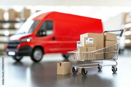 A Small Cart Loaded with Packages Positioned in Front of a Delivery Van Against a Softly Lit Warehouse Background Highlighting Shipping and Logistics Themes