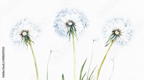 Watercolor Dandelion Flying Seed  Vector Art on White Background