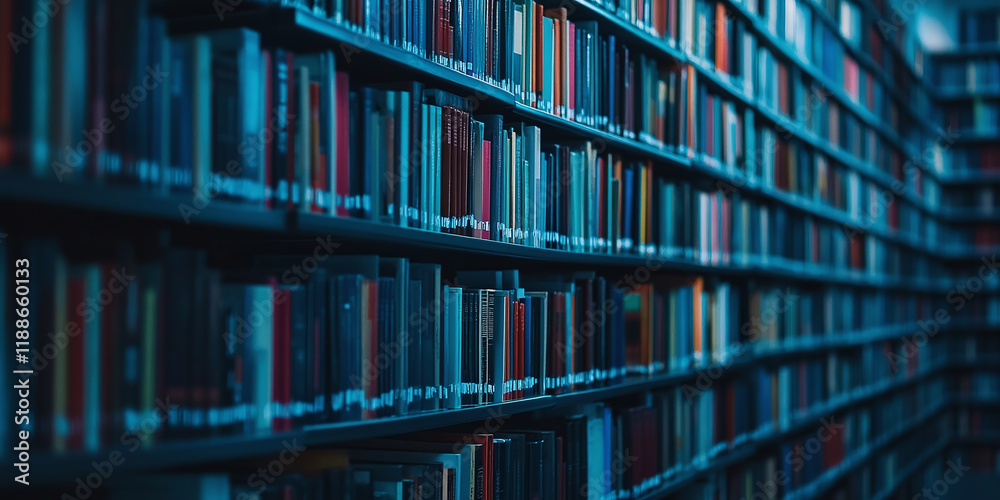 Dimly lit library aisle with rows of books on shelves, creating a peaceful and studious atmosphere. Deep blue tones evoke calmness and knowledge. Dimly lit library aisle with rows of books on shelves, creating a peaceful and studious atmosphere. Deep blue tones evoke calmness and knowledge.