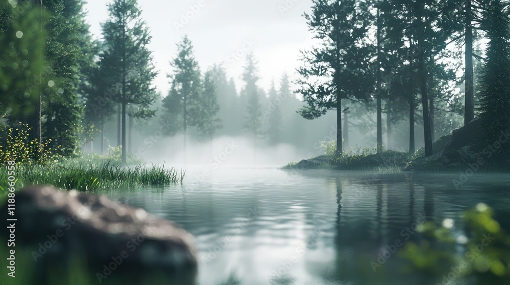 Naklejka premium Misty Morning by the Lake in a Pine Forest