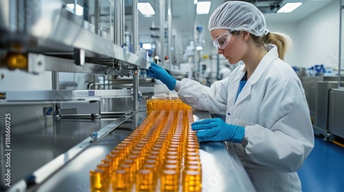 Pharmaceutical Production: A Female Scientist Carefully Monitors a Conveyor Belt Filled with Amber Vials in a Modern Sterile Facility.