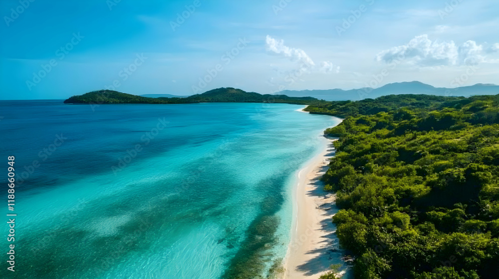 Fototapeta premium Aerial view of a beach with turquoise waters and lush greenery