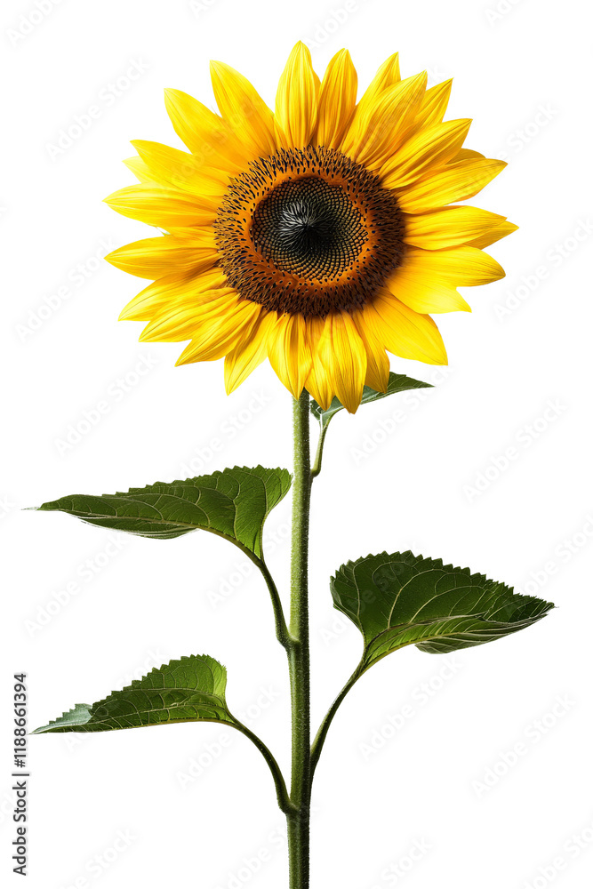 Fototapeta premium Single sunflower with stem isolated on Transparent background, PNG file