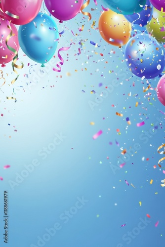 Celebrate in style with vibrant balloons, colorful streamers, and cheerful confetti on a light blue background for a festive birthday occasion