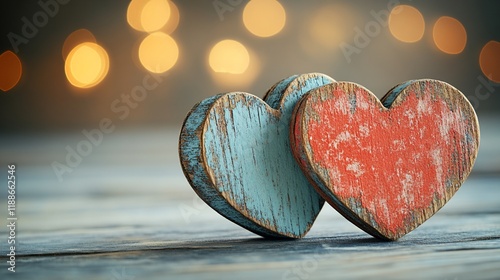 Two rustic wooden hearts on wood, bokeh background.