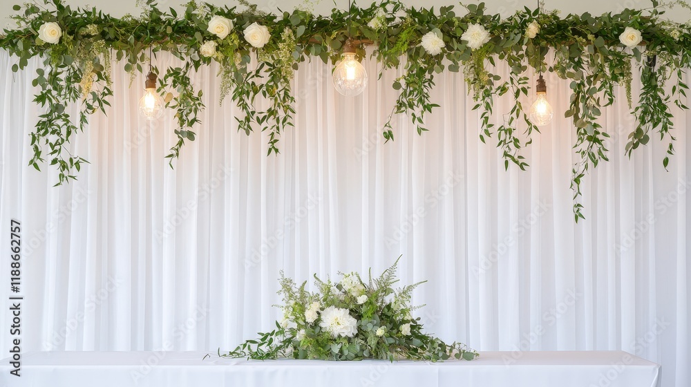 Fototapeta premium A white table with a green and white floral arrangement on it
