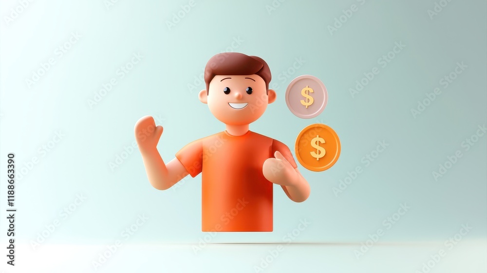 A cheerful character with coins, symbolizing finance and savings. A cheerful character with coins, symbolizing finance and savings.