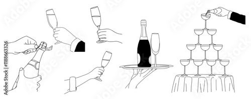 Hands holding glass with champagne, open bottle. Vector sketch style drawings isolated on transparent background. 