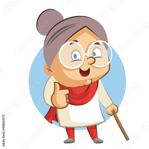 Vector illustration of cartoon grandmother showing thumbs up. Isolated on white background.