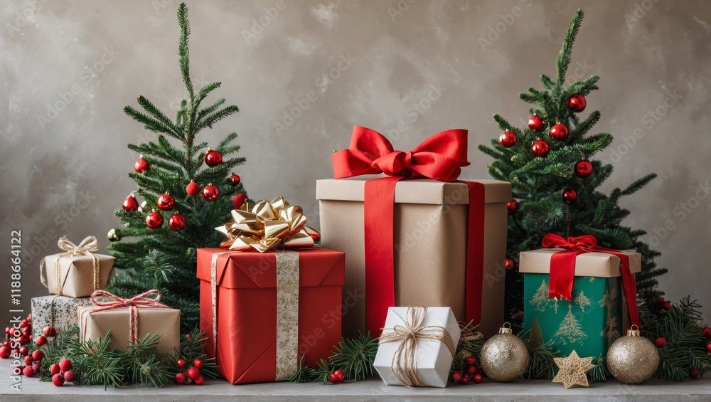 Festive card with presents and holiday decor Festive card with presents and holiday decor