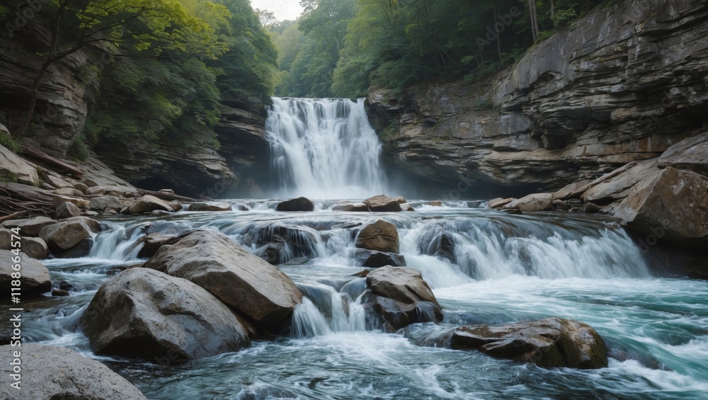 Flowing water over rocks leading to a waterfall Flowing water over rocks leading to a waterfall
