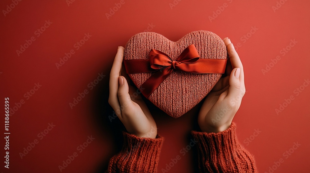 Fototapeta premium Heart-shaped gift in hands on red background.