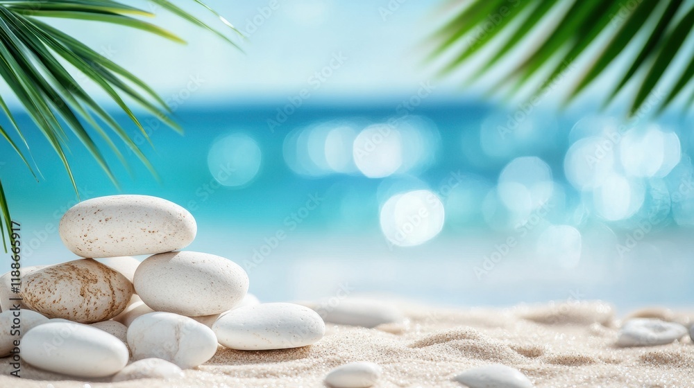 Relaxing summer vacation on a sandy beach with white stones and palm leaves, featuring a beautiful blue sea in the distance Relaxing summer vacation on a sandy beach with white stones and palm leaves, featuring a beautiful blue sea in the distance