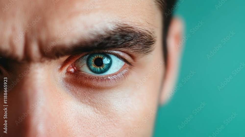 Fototapeta premium Intense closeup of businessman's bloodshot eyes office portrait professional environment serious viewpoint stress concept