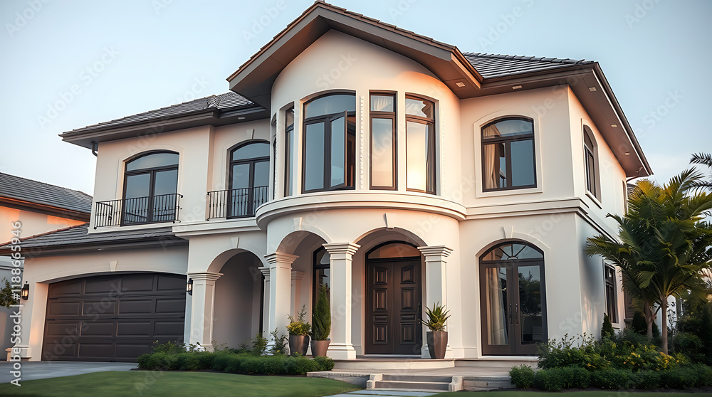 Luxury Modern House Exterior: Elegant Home Design and Architecture. Beautiful Residential Property with Stunning Sunset View. Luxury Modern House Exterior: Elegant Home Design and Architecture. Beautiful Residential Property with Stunning Sunset View.