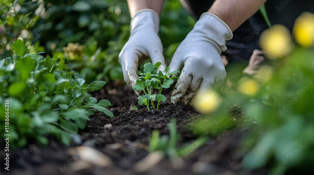 Fototapeta premium Planting a seedling, gardening, weeding, transplanting, agricultural plantation farming