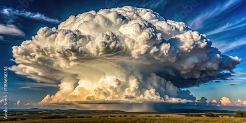 A majestic cumulus cloud towers above the landscape, its towering vertical growth and flat anvil-shaped base giving it a dramatic and imposing presence, rugged, expansive, cumulus, weathered