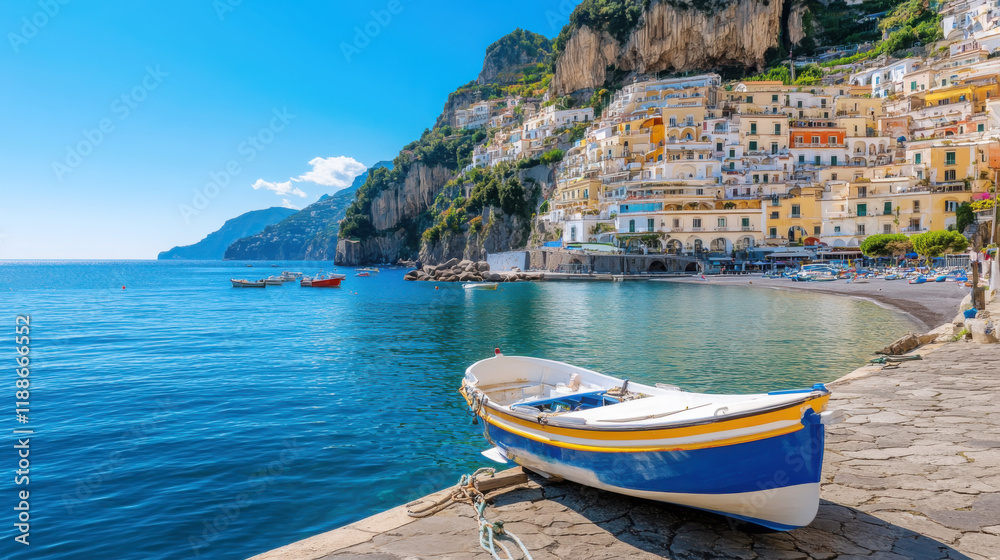 Obraz premium Picturesque fishing boat by the amalfi coastline under sunny skies