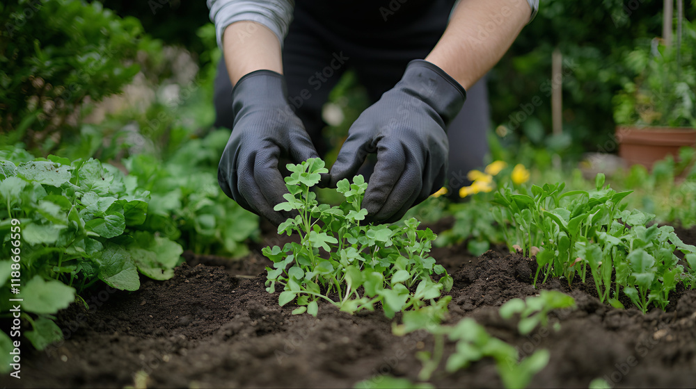 Fototapeta premium Planting a seedling, gardening, weeding, transplanting, agricultural plantation farming 