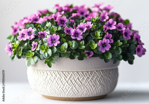 Wallpaper Mural Ceramic pot with white woven fabric planter, green leaves, purple-pink flowers, isolated on white background, high-resolution. Torontodigital.ca