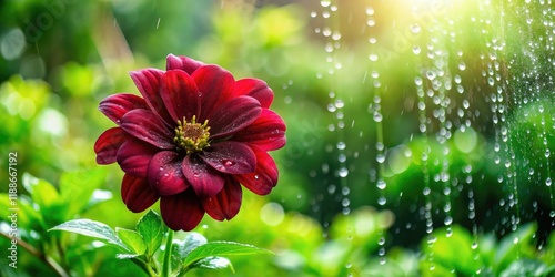 A maroon-colored flower blooms in the midst of a lush greenery amidst dripping water, plant, foliage, outdoors photo