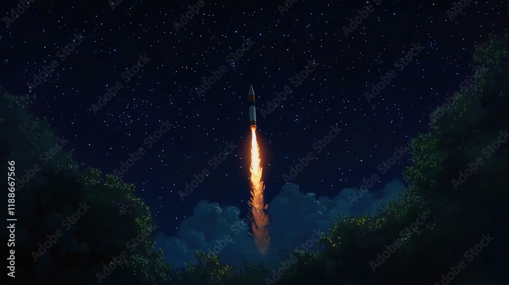 Fototapeta premium Rocket launching at night, fiery trail ascending through dark sky above trees.