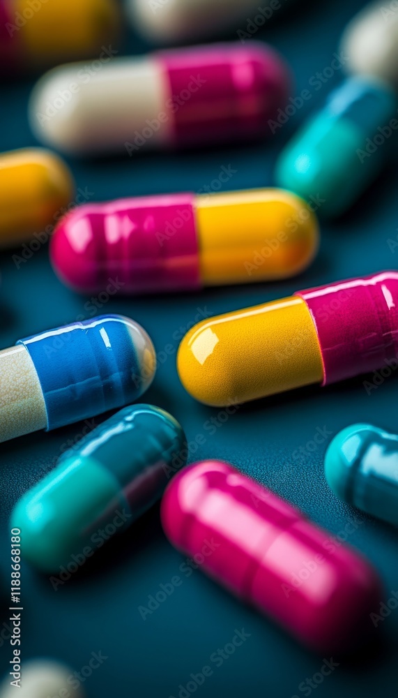 Colorful Pharmaceutical Capsules in Close-Up, Abstract Macro Image of Pills on a Blue surface.