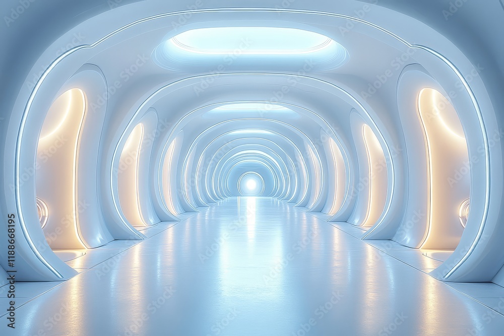 Obraz premium Futuristic white room with arched ceiling, glowing lights, architectural design, large floor extending to horizon, bright light at the end.