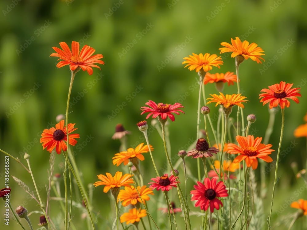 A mix of red and orange wildflowers swaying in the wind, natural scene, windy day A mix of red and orange wildflowers swaying in the wind, natural scene, windy day