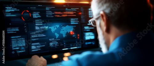 Analyzing cybersecurity threats global cybersecurity center data visualization digital environment close-up view technology impact photo