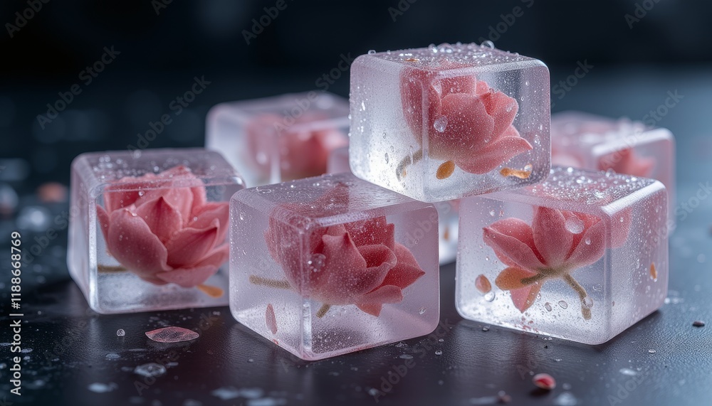 Pink flowers encased in ice cubes on a textured surface Pink flowers encased in ice cubes on a textured surface